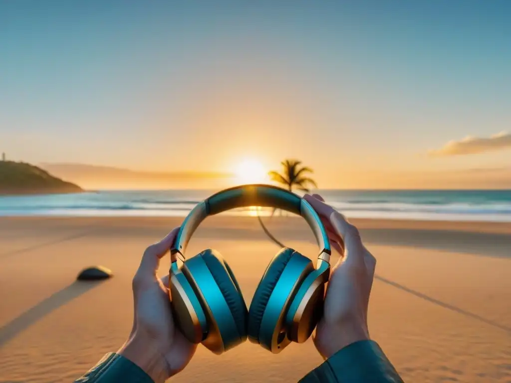 Ajustando auriculares inalámbricos para Uruguay en Playa Brava al atardecer