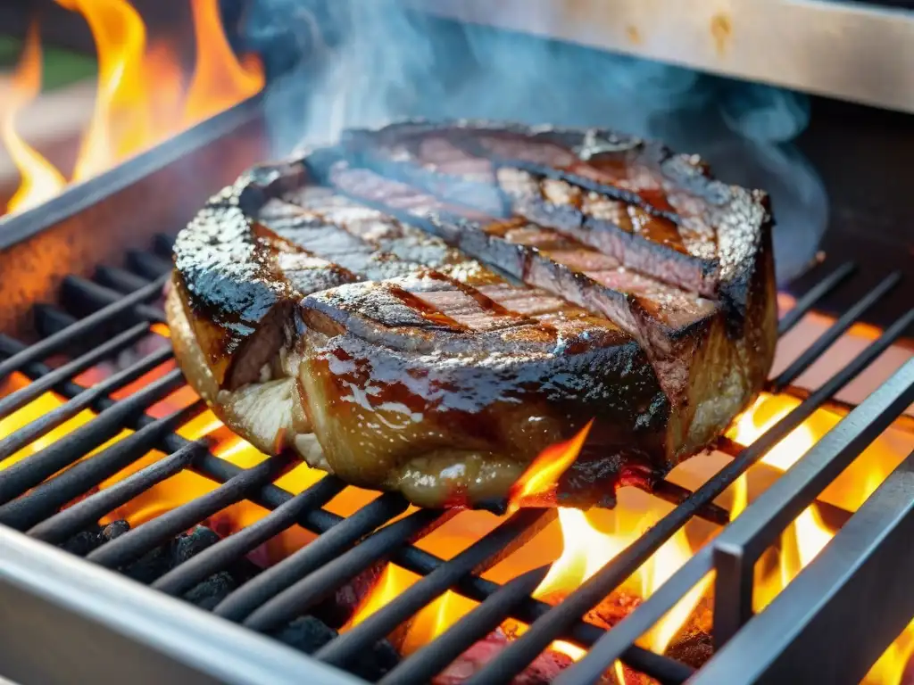 Preparación auténtica del chivito: Detalle de grill con carne tierna y jugosa, chispeante, con llama y caramelo, en entorno rústico