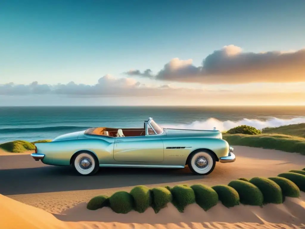 Un auto clásico reluciente estacionado en la costa de Uruguay al atardecer, reflejando lujo y nostalgia