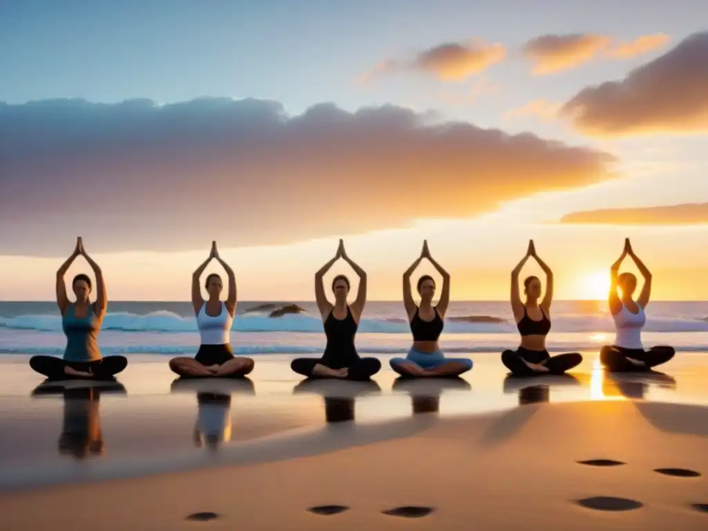 Práctica avanzada de yoga al amanecer en una playa de Uruguay, con serenidad y conexión a la naturaleza