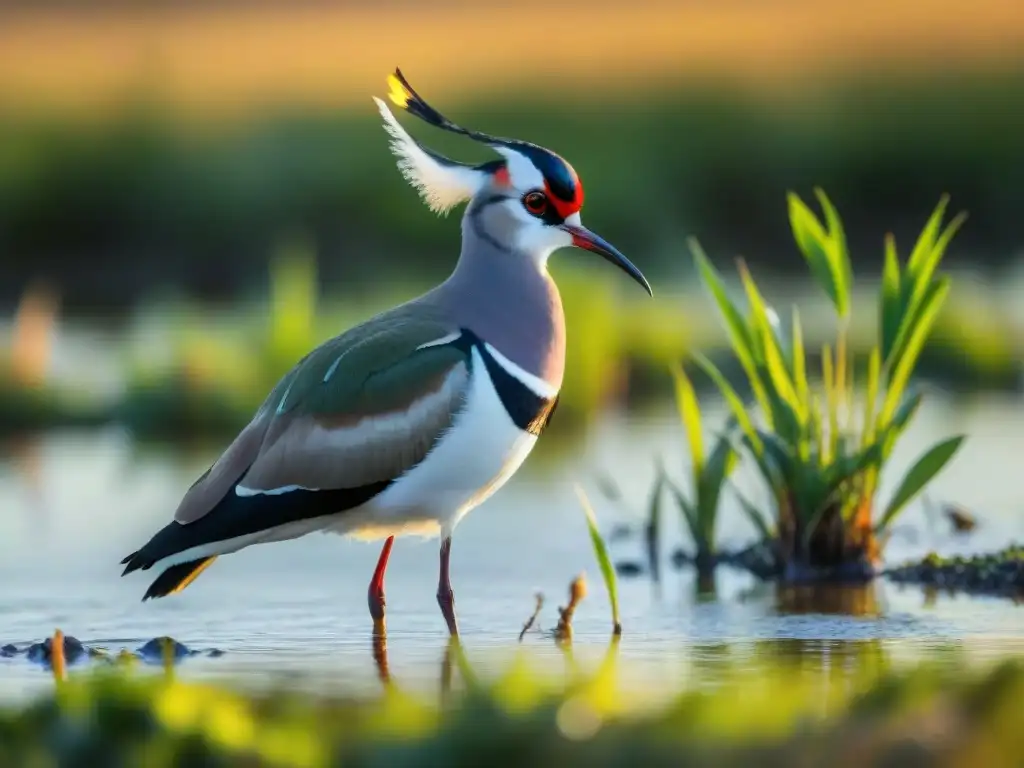 Ave dominante en Uruguay: Majestuosa tero en humedal con plumaje negro y blanco bajo el sol dorado