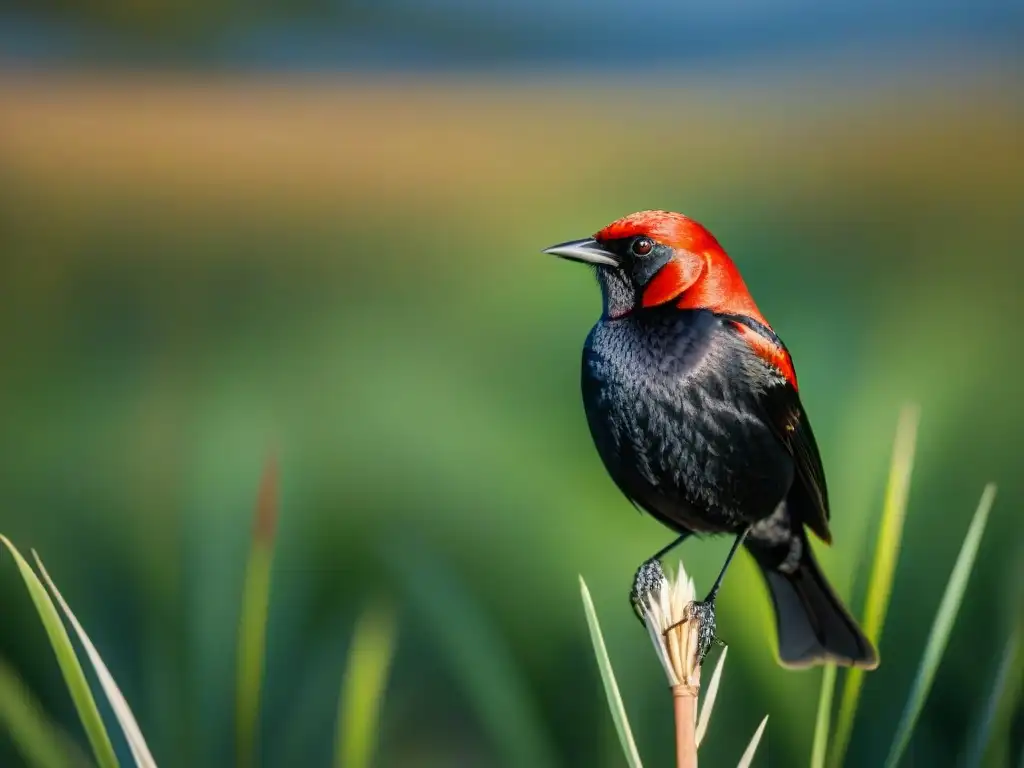 Un ave terrestre única en Uruguay: un Capuchino de cabeza roja posado en una caña en un humedal