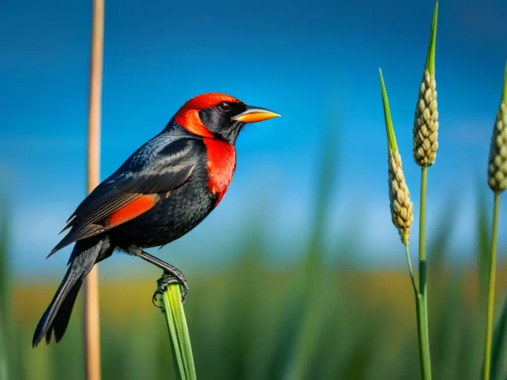 Un ave tordo cabecirrojo posada en una caña en un hábitat de humedal en Uruguay, rodeada de plantas nativas coloridas, bajo un cielo azul