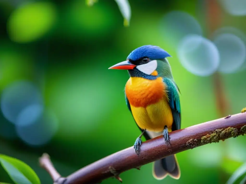 Un ave tropical colorida canta melodiosamente en una rama con plumas brillantes, rodeada de exuberante vegetación