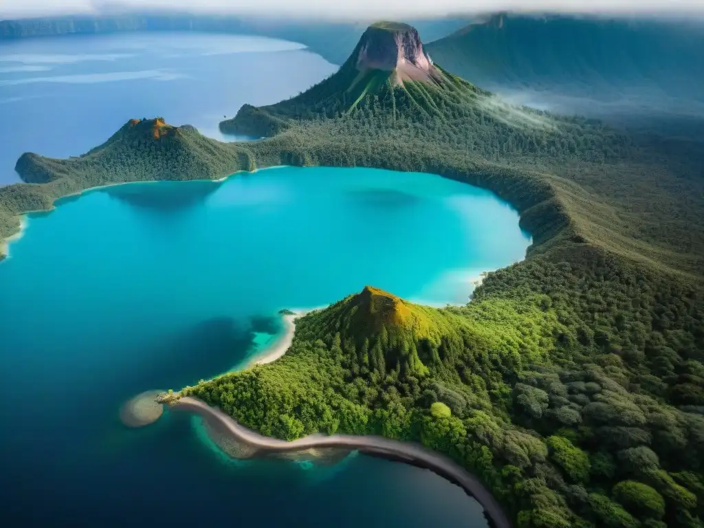 Explora la aventura en Cerro Chato Uruguay: vista aérea del paisaje verde, lago turquesa y terreno escarpado