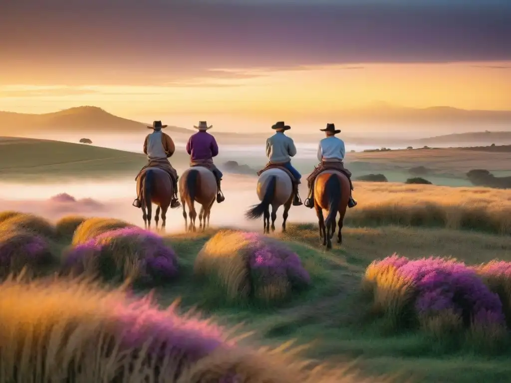 Aventuras a caballo en Uruguay: Gauchos cabalgando al atardecer en un campo dorado, guiando sus caballos entre la hierba alta