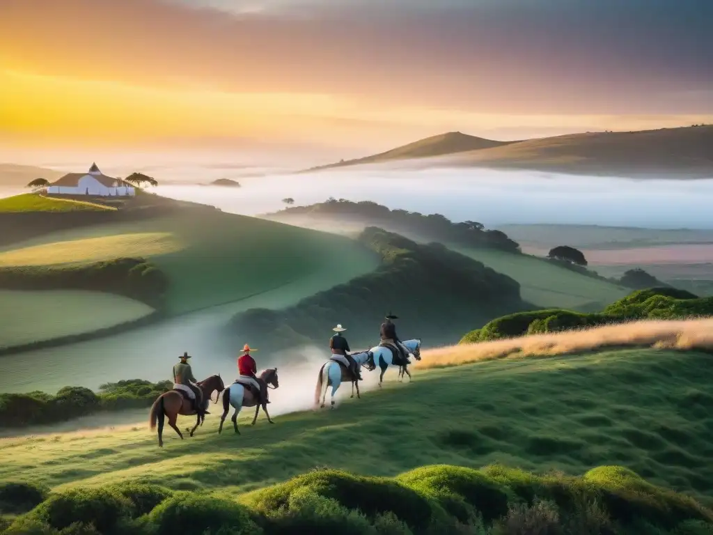 Aventuras a caballo en Uruguay: Jinetes explorando atardecer dorado sobre colinas verdes