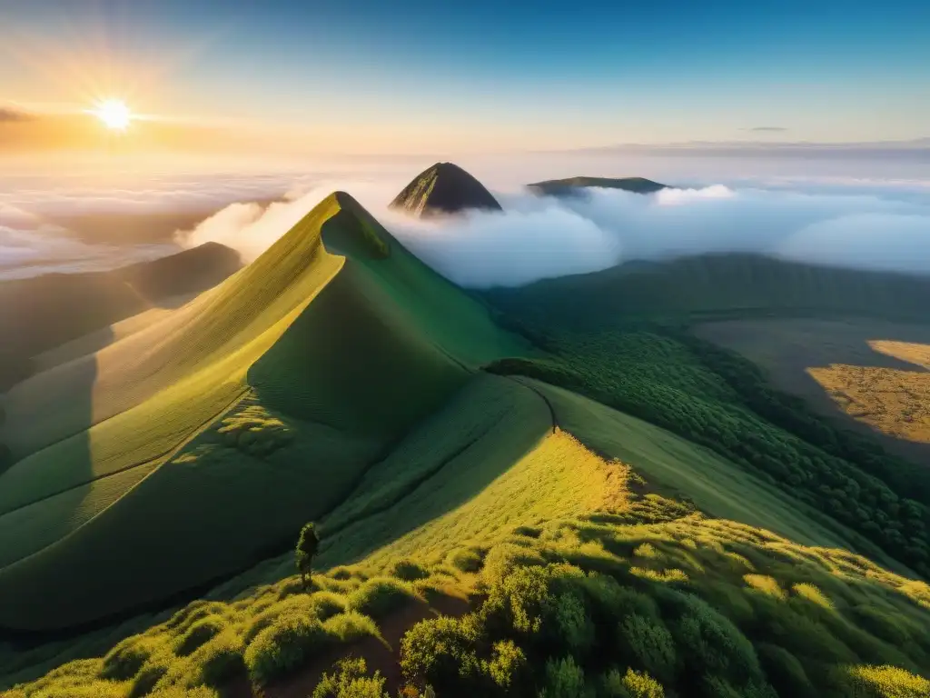 Aventuras en Cerro Chato Uruguay: Vista panorámica desde la cima, lago escondido en el cráter y senderistas en paisaje verde