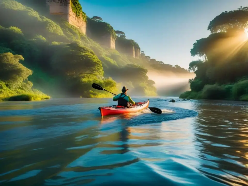 Aventuras en kayak por Uruguay: Grupo de kayakistas en un río sereno rodeados de naturaleza exuberante y vida silvestre