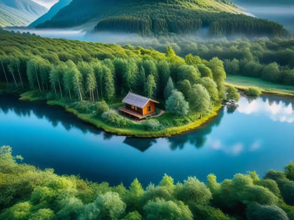 Aventuras en Montes del Queguay: paisaje sereno con río, bosque exuberante y cabaña de madera