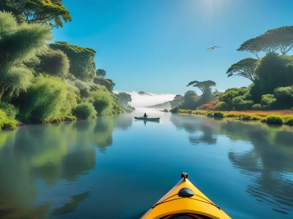 Aventuras en kayak por Uruguay: Sereno río con kayak, aves y exuberante vegetación