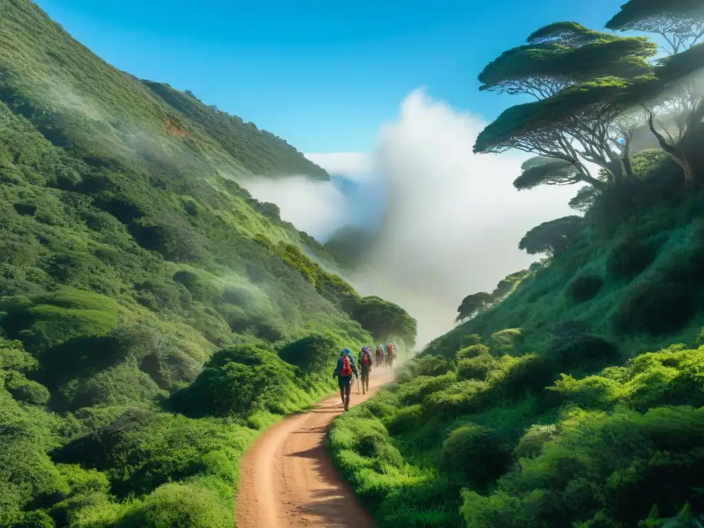 Aventuras sostenibles en Uruguay: Grupo diverso de excursionistas en un sendero verde con vida silvestre nativa