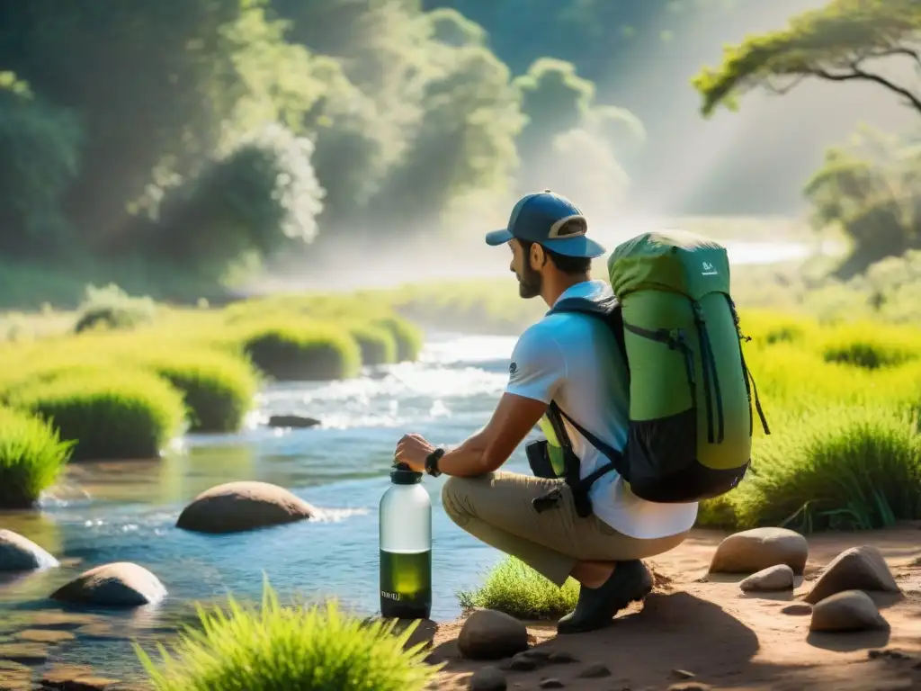 Un aventurero en Uruguay llena su botella con agua pura usando un filtro de agua, rodeado de la exuberante naturaleza uruguaya