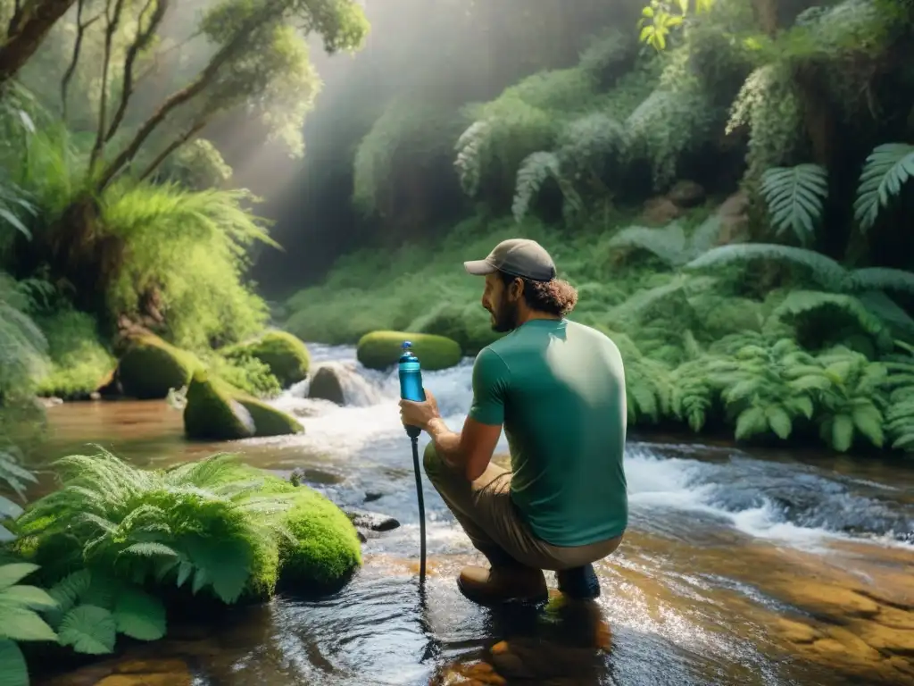 Un aventurero en un exuberante bosque de Uruguay filtra agua de un arroyo con un filtro portátil