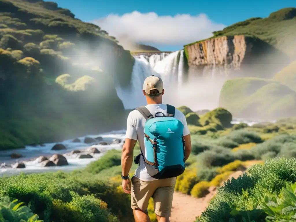 Un aventurero en Uruguay con filtros de agua, bebiendo de un arroyo cristalino bajo el sol