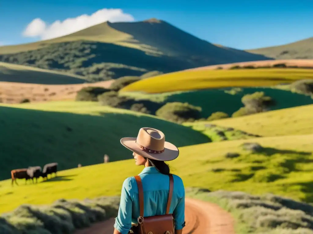 Un aventurero con gorra de gaucho explorando Uruguay bajo el sol