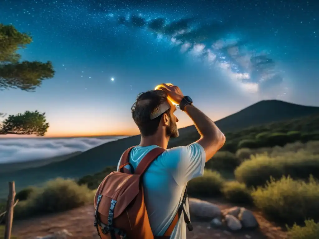 Un aventurero ajusta su lámpara de cabeza bajo un cielo estrellado en Uruguay, resaltando el contraste entre la noche y la luz cálida