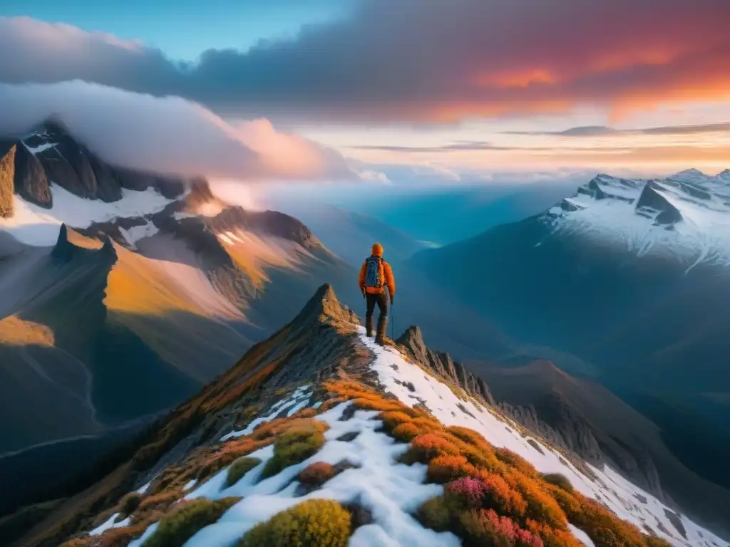 Un aventurero solitario observa un atardecer épico en una remota cordillera nevada