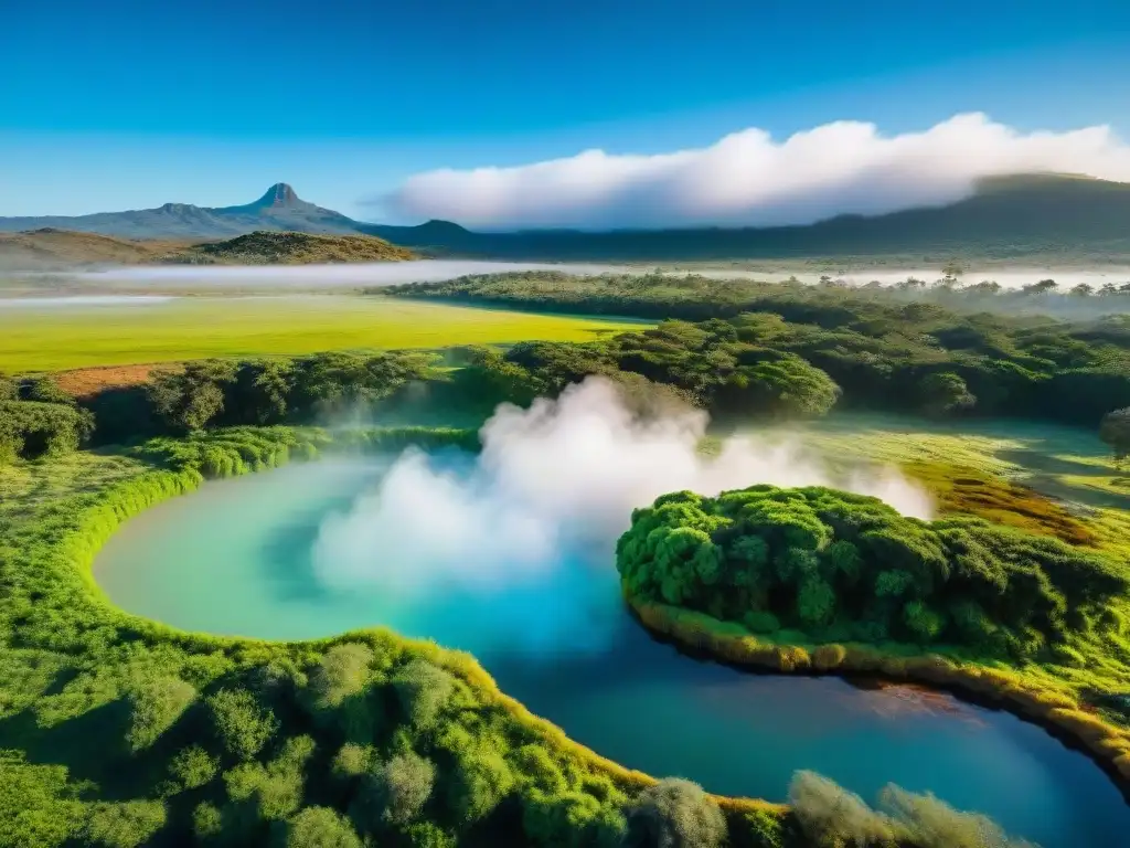 Aventurero relajándose en termas naturales de Uruguay, rodeado de exuberante vegetación y palmeras altas bajo cielos claros