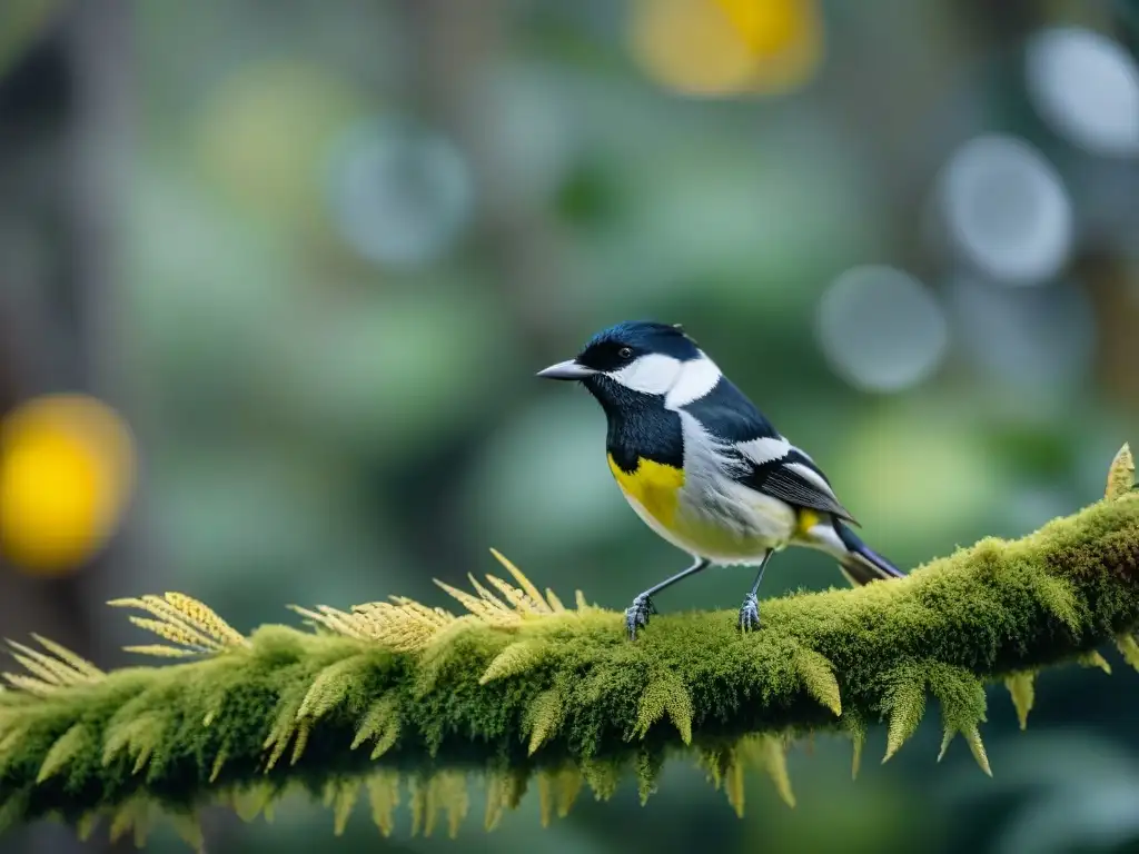 Aves esquivas de Uruguay: Detalle de Reinita Negra y Blanca en rama cubierta de musgo, resaltando su plumaje amarillo en bosque uruguayo