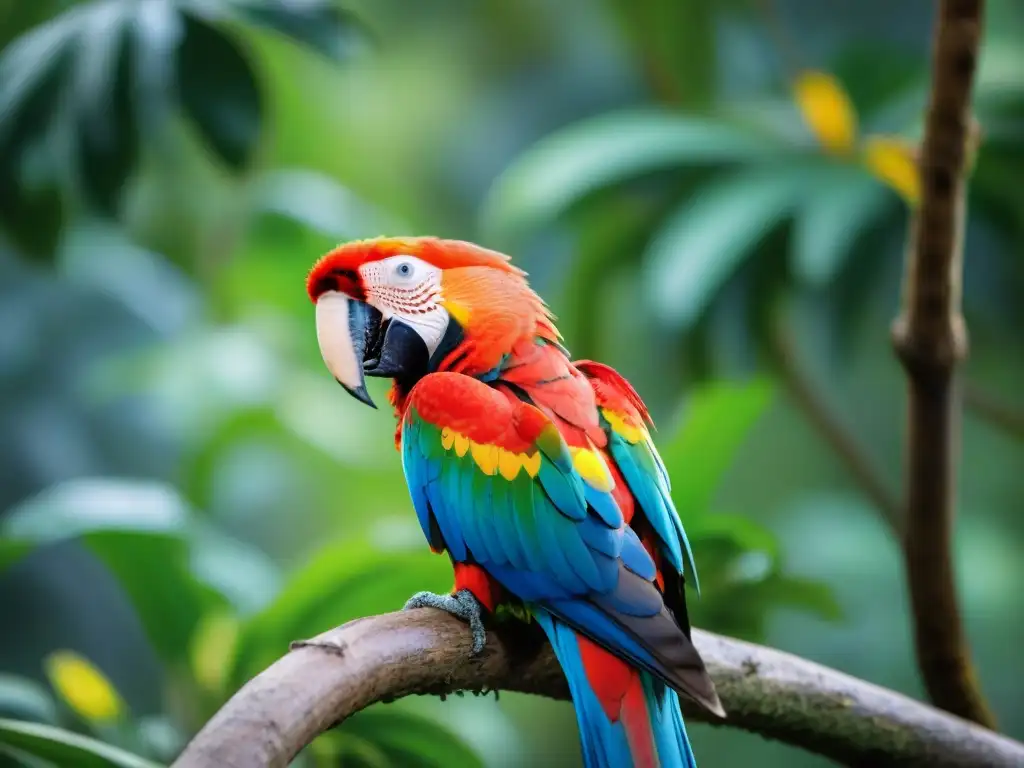 Fotografiar aves en Uruguay: Impresionante Guacamayo Escarlata en su hábitat natural entre exuberante vegetación