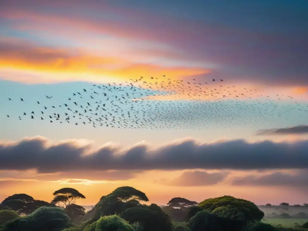 Aves migratorias en Uruguay: Bandada majestuosa surcando el cielo al atardecer