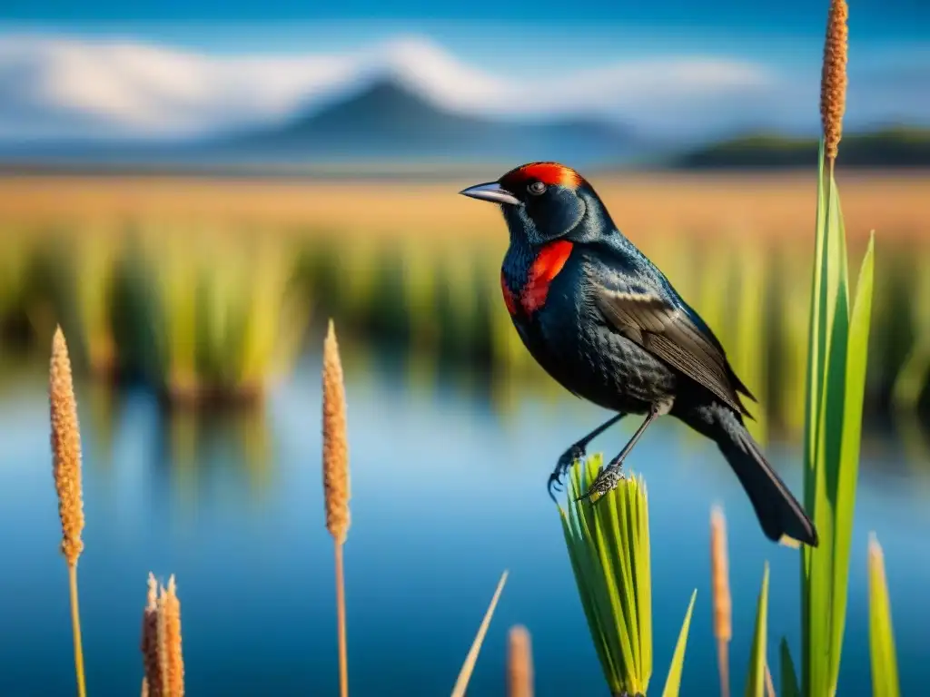 Fotografía de aves en Uruguay: Detalle de un Mirlo de Cabeza Escarlata posado en una caña en humedales, bajo un cielo azul