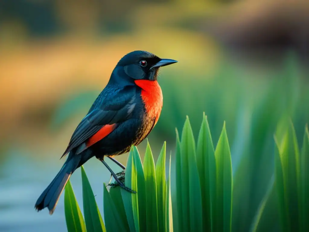 Observación de aves en Uruguay: un Mirlo de Cabeza Roja posado en una caña en un humedal tranquilo, bajo la suave luz dorada de la mañana