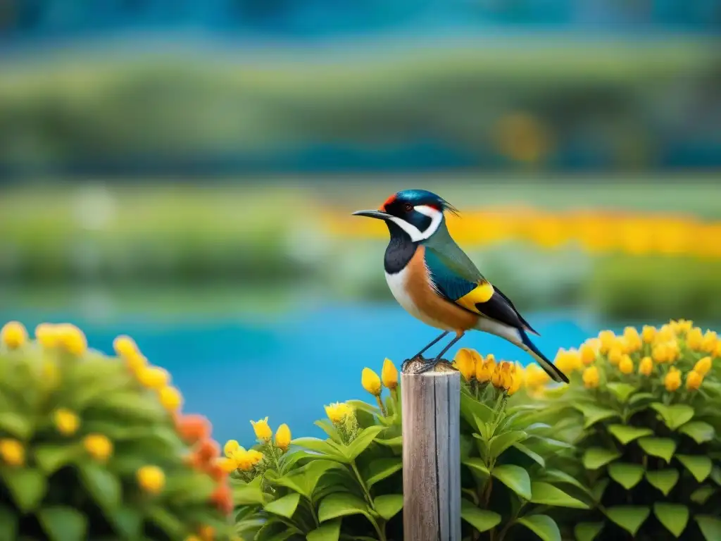 Jardín de Uruguay con aves nativas como Tero, Hornero y Tangara Amarilloazul en detalle