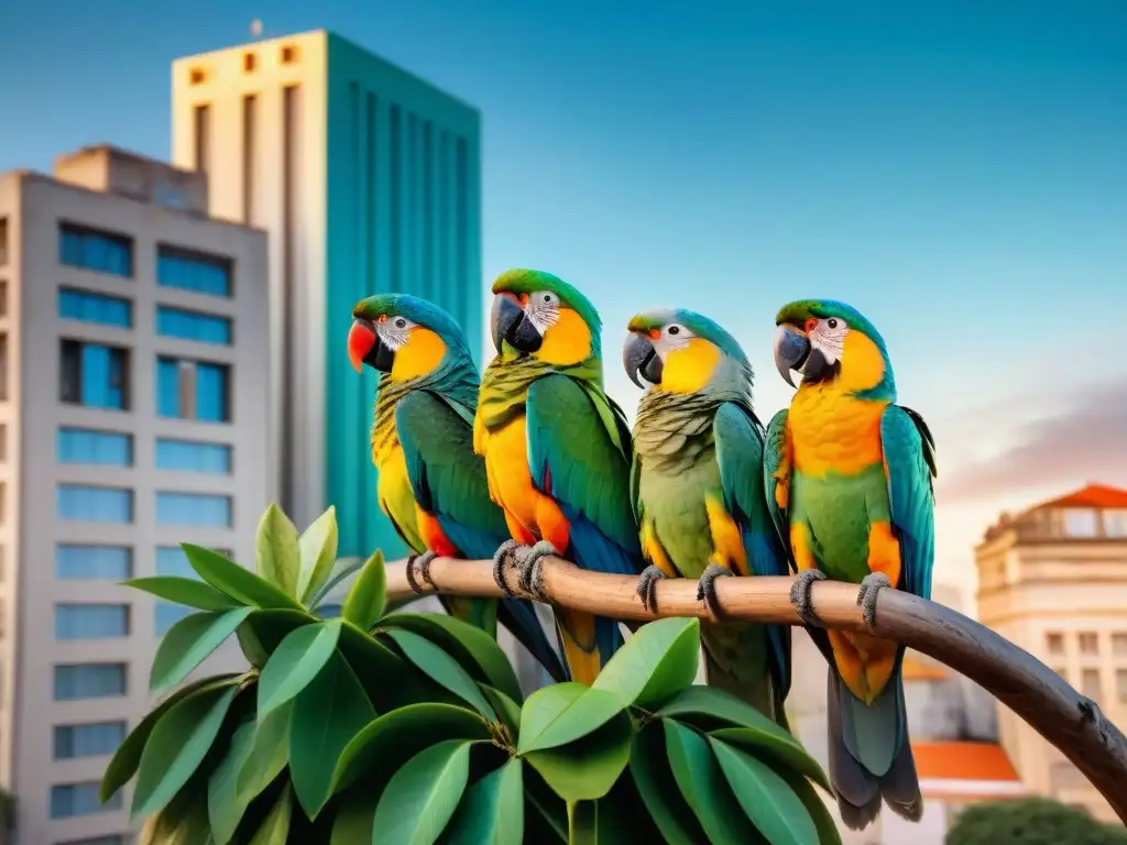 Aves no nativas en Uruguay: grupo de loros vibrantes posados en un árbol urbano, destacando la convivencia entre naturaleza y ciudad