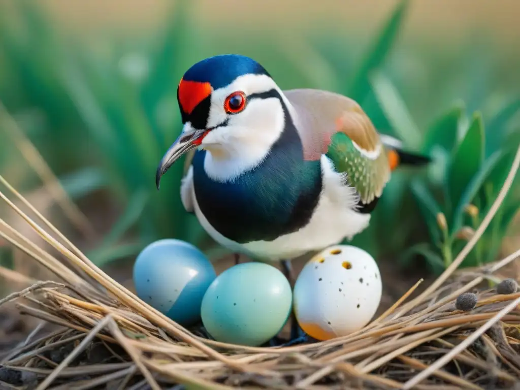 Guarda aves Uruguay: Lapwing protegiendo nido con huevos en campo verde, detallando plumaje y mirada intensa