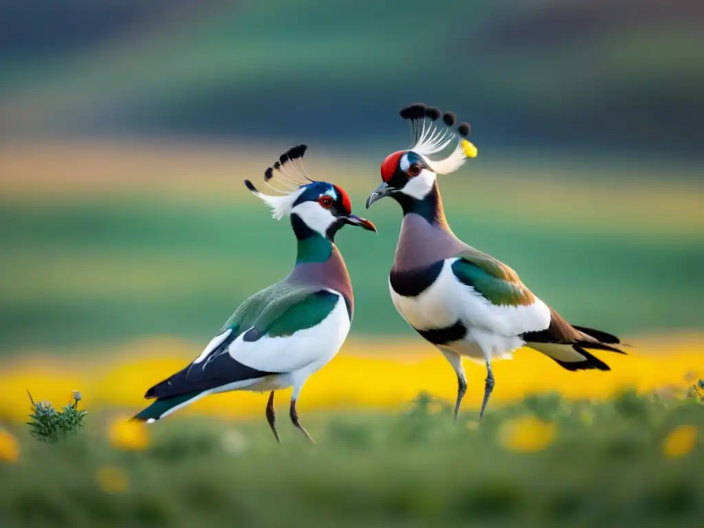Aves en rituales de apareamiento: Lapwings bailando en una danza de amor en las verdes llanuras de Uruguay bajo la cálida luz del sol