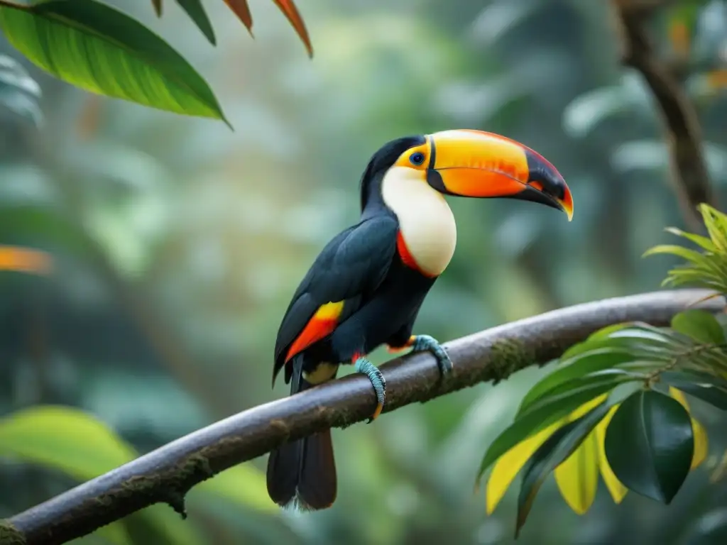 Fotografiar aves en Uruguay: Detalle vibrante de un Tucán Toco en la exuberante selva verde