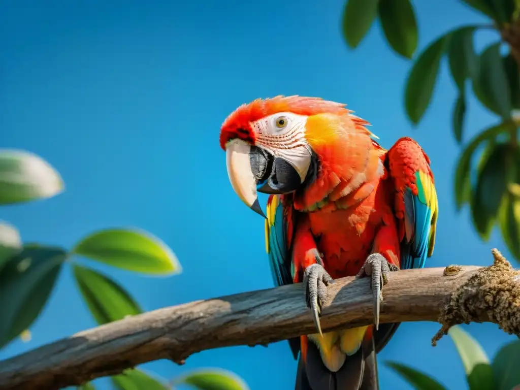 Fotografía de aves en Uruguay: Detalle vibrante de un Guacamayo Escarlata en la selva tropical