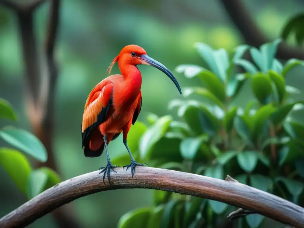 Observación de aves Laguna Garzón: Un ibis escarlata vibrante posado en una rama de mangle, con su pico curvo y plumaje detallado en primer plano