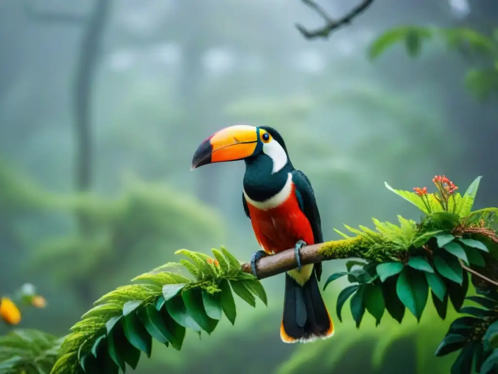 Avistamiento de aves en Uruguay: Coloridas aves en la selva neblinosa, destacando un cardenal rojo y un tucán majestuoso