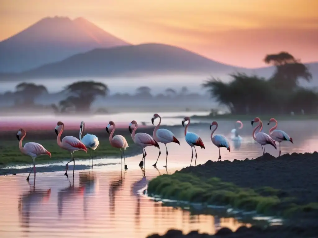 Avistamiento de aves en humedales de Uruguay: Flamencos vibrantes en atardecer dorado