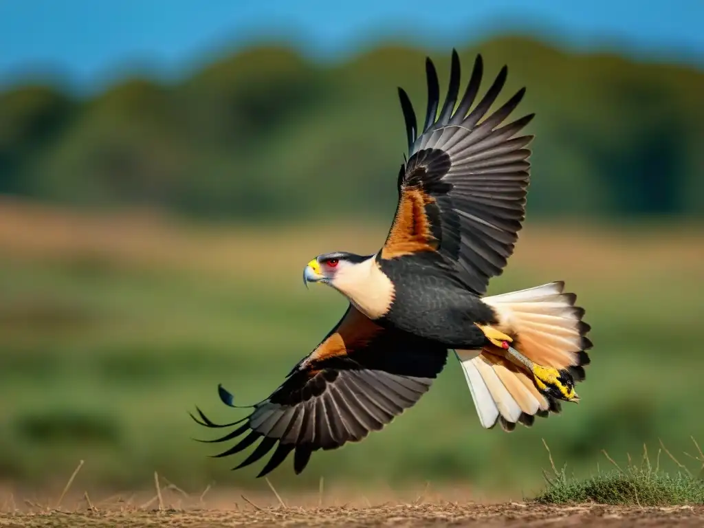 Avistamiento de aves rapaces en Uruguay: Majestuoso Caracara del Sur planeando sobre las vastas praderas bajo el cielo azul claro