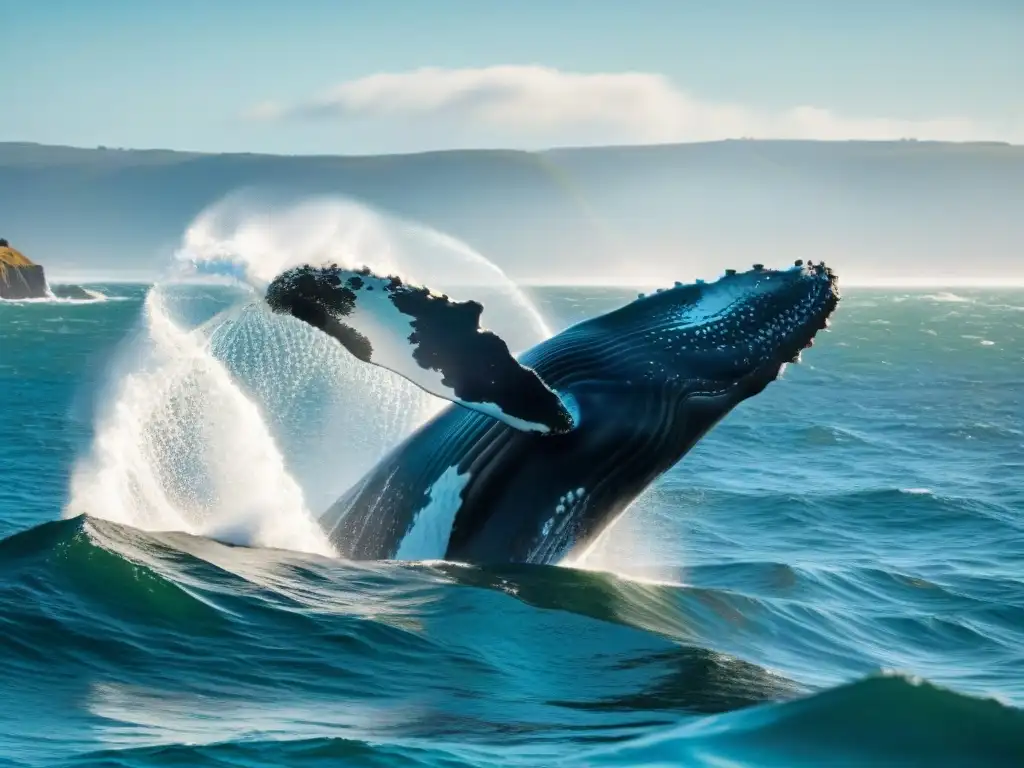 Avistamiento de ballenas en Uruguay: Majestuosa ballena jorobada emergiendo del océano, con gotas de agua suspendidas y el sol brillando en su piel húmeda