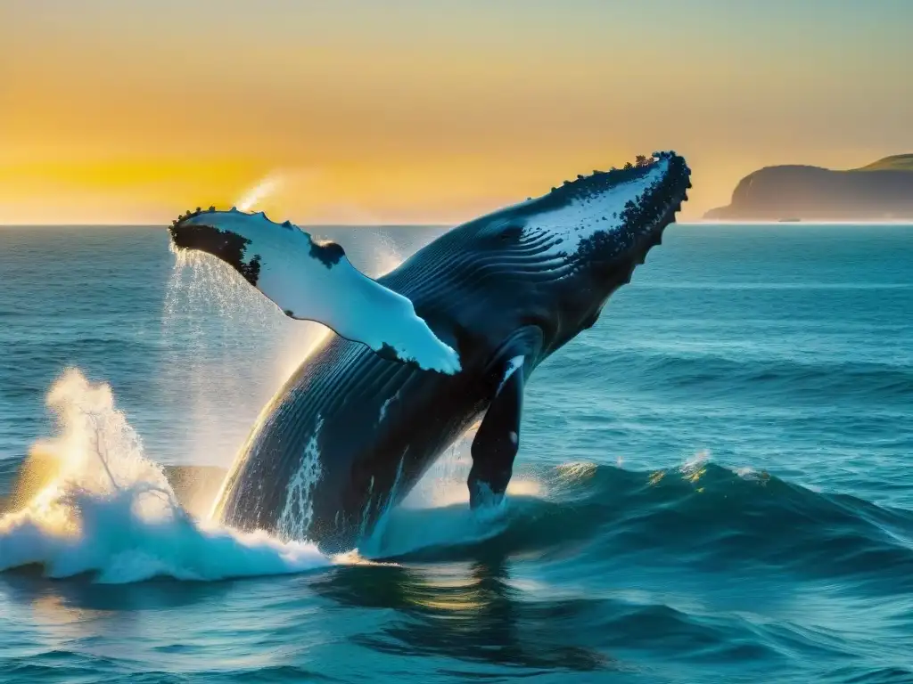 Avistamiento de ballenas Uruguay: Majestuosa ballena jorobada saltando en aguas cristalinas al atardecer