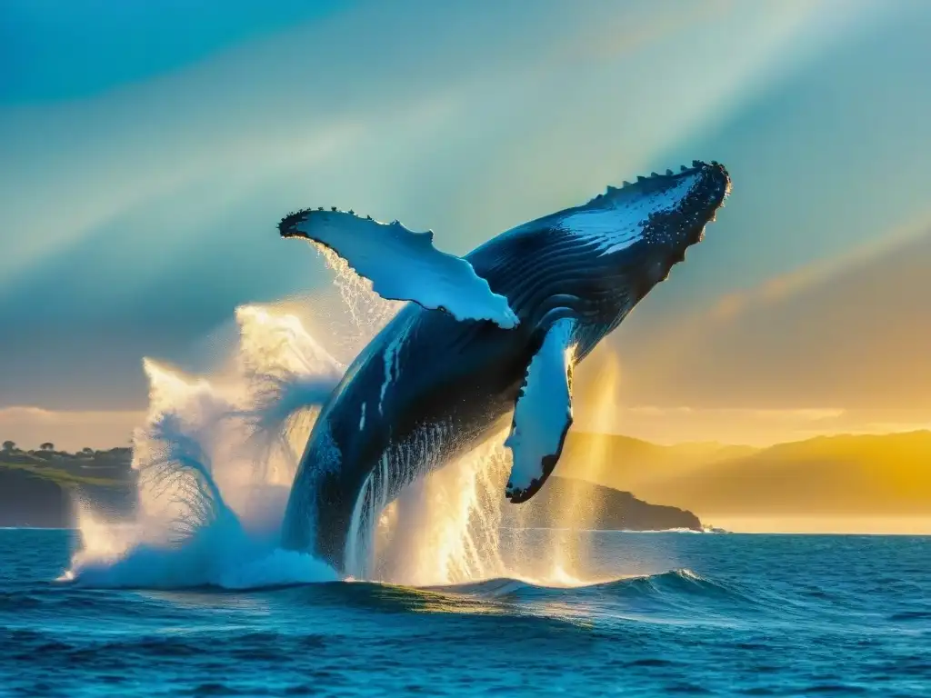 Avistamiento de ballenas en Uruguay: majestuosa ballena jorobada saltando en el mar dorado al atardecer