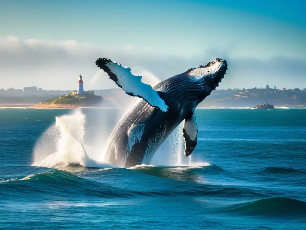 Avistamiento de ballenas en Uruguay: majestuosa ballena jorobada saltando cerca del faro de Punta del Este, en la temporada de avistamiento de ballenas en lugares icónicos