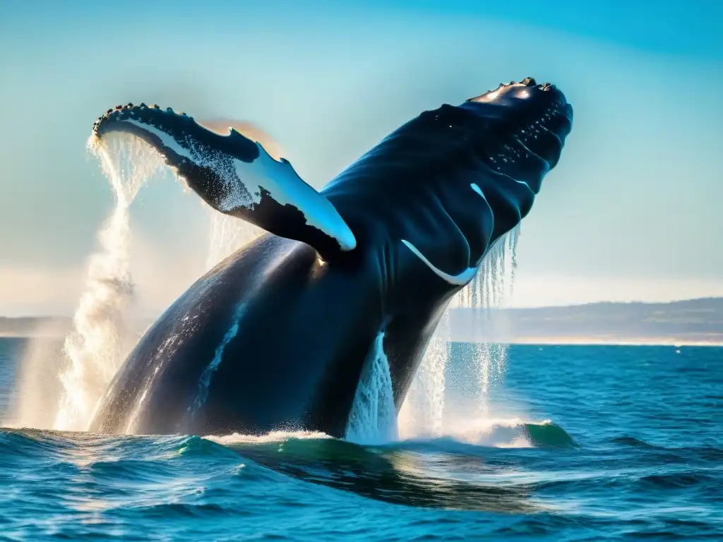 Avistamiento privado de fauna en Uruguay: Majestuosa ballena franca austral emergiendo del océano bajo el sol