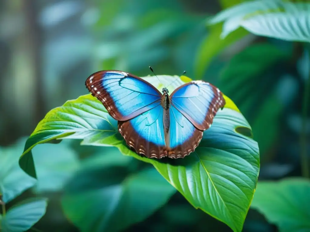 Mariposa Morpho Azul en hoja verde, reflejando la belleza de la flora y fauna uruguaya