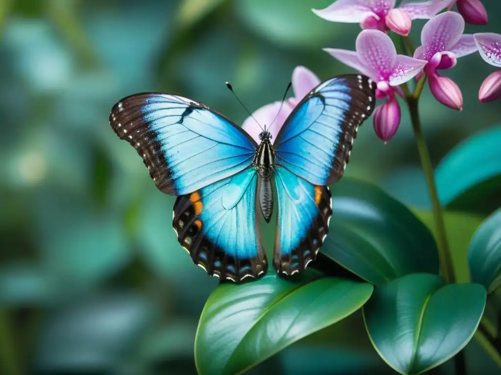 Mariposa Morpho azul y verde sobre orquídea rosa en selva de Uruguay