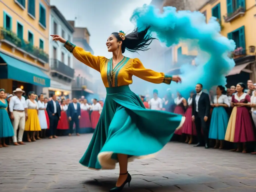 Un bailarín folclórico uruguayo en movimiento durante fiestas tradicionales, irradiando alegría y energía