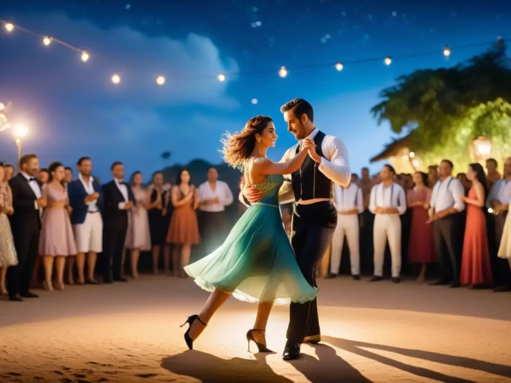 Bailarines elegantes giran bajo estrellas en milonga al aire libre en Uruguay, capturando la pasión del tango