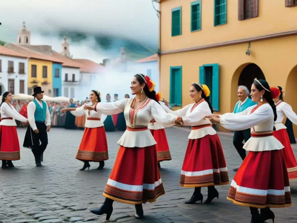 Bailarines uruguayos en trajes coloridos danzan en la plaza histórica