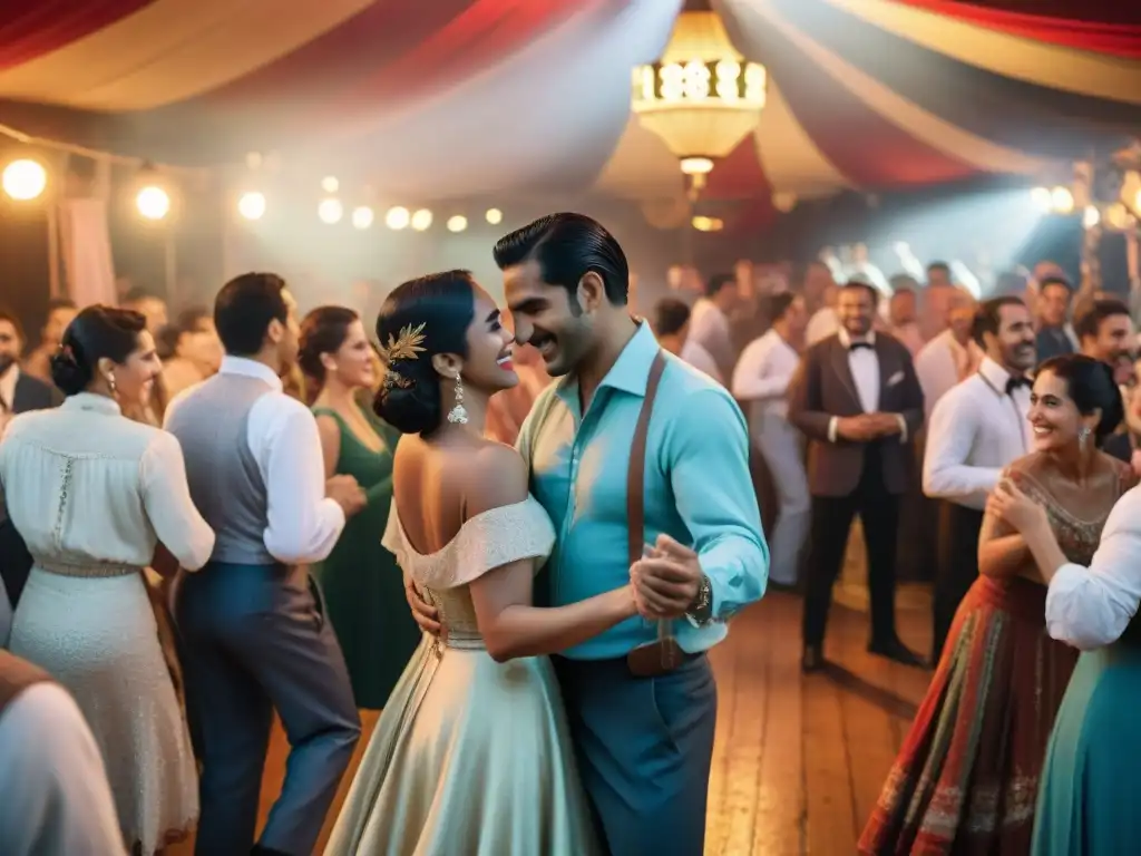 Baile de la Nostalgia en Uruguay: Multitud bailando con elegancia en un evento tradicional, evocando alegría y emoción