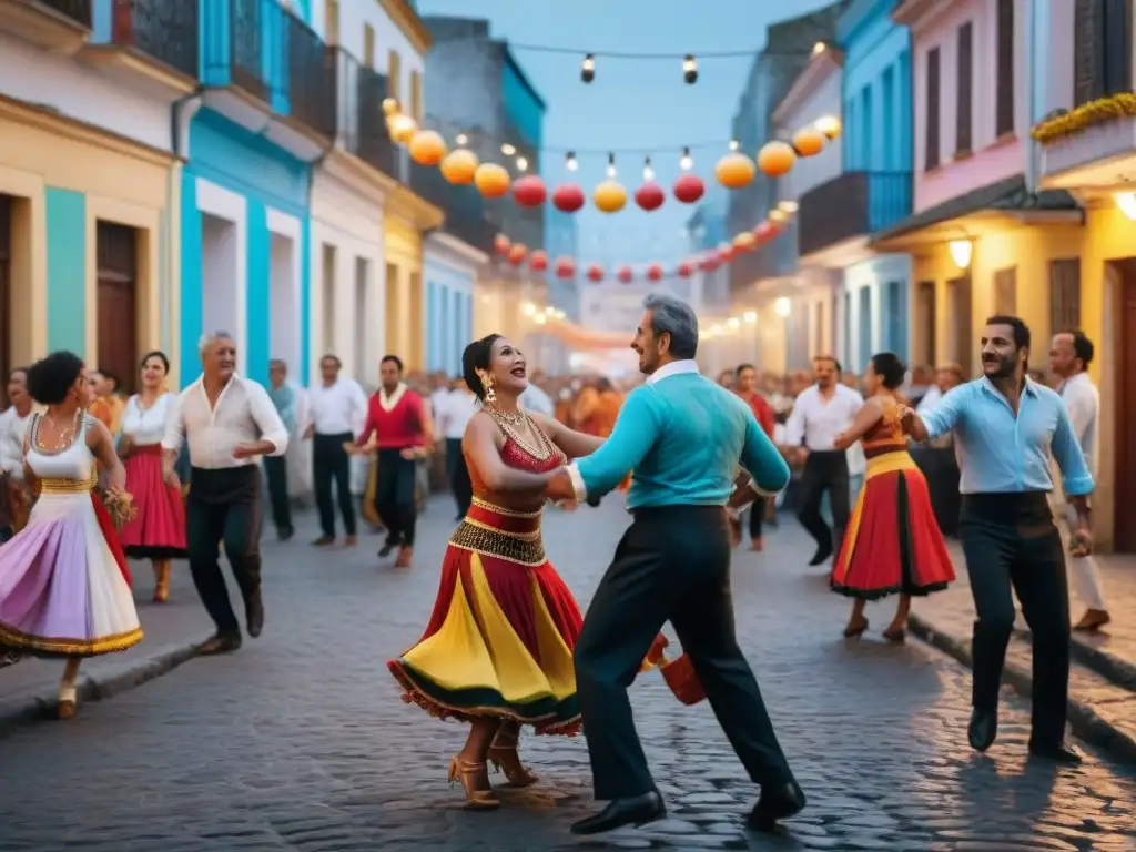 Baile de la Nostalgia Uruguay: Escena vibrante de baile tradicional en una calle de Uruguay durante La Noche de la Nostalgia